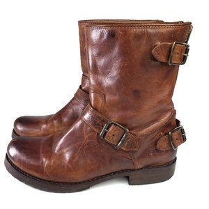 Frye Veronica Back Zip Buckle Boots 7.5 Cognac Brown Leather 76603 Mid Calf